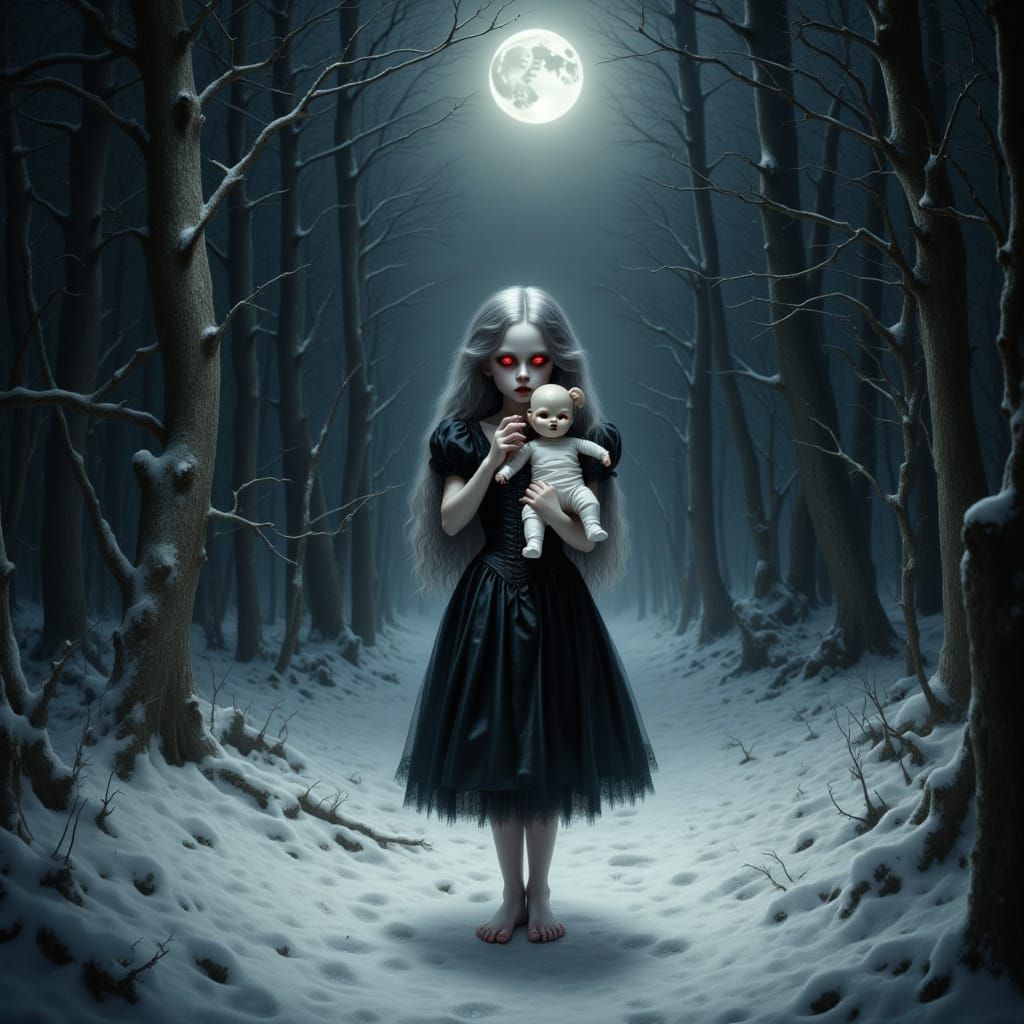 Vampire Girl in Snowy Forest at Night