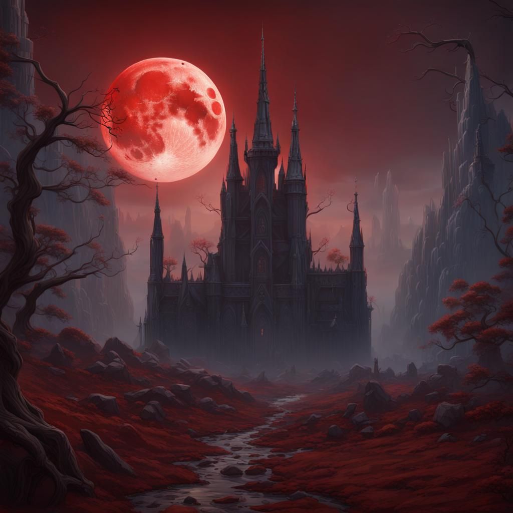 Gothic Castle Silhouette Under Blood Moon
