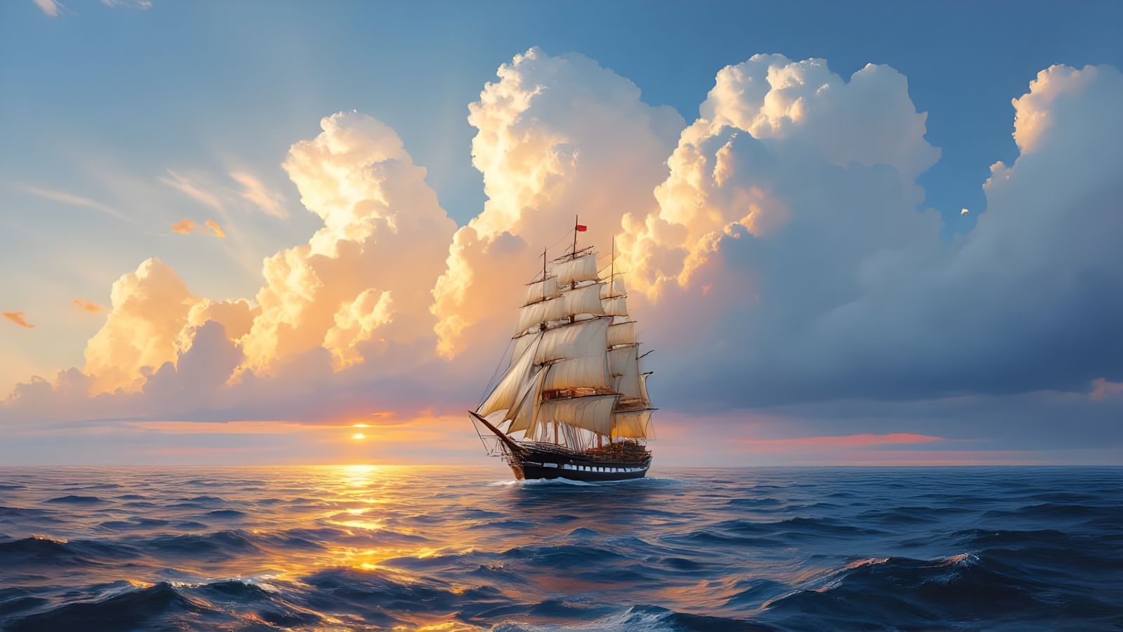 Frigate on Calm Ocean in Golden Hour: Oil Painting