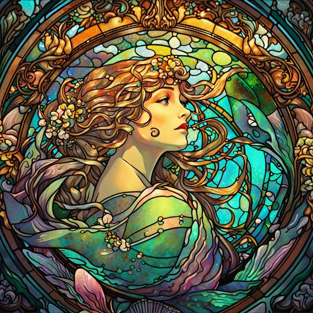 Art Nouveau Mermaid in Stained Glass Style