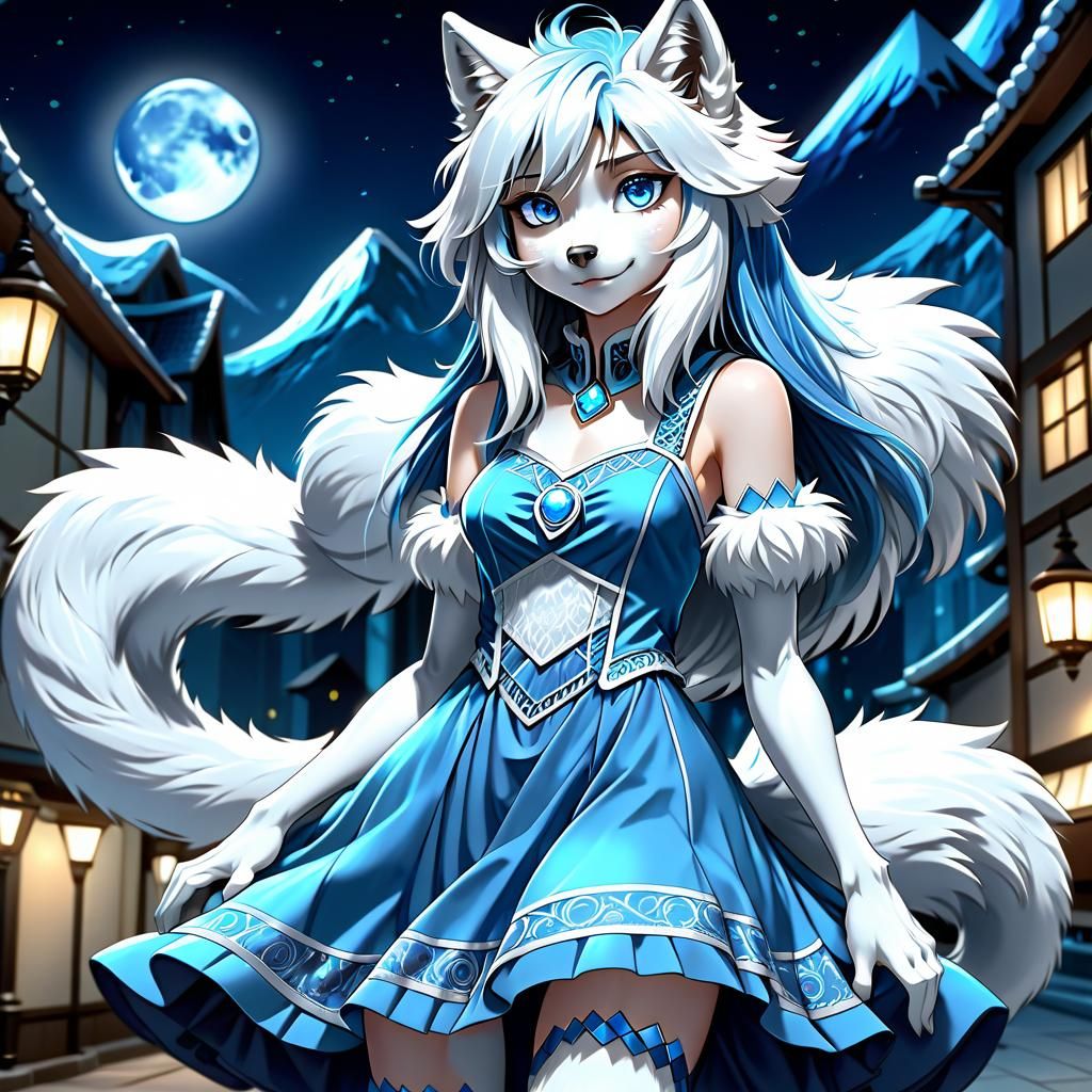 Anime Style Blue Wolf Woman in the Night