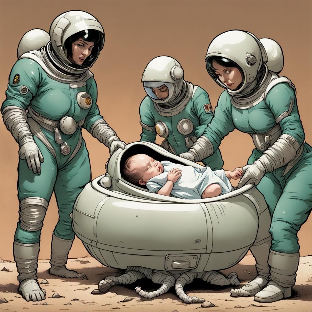 Futuristic Mother Giving Birth in Space