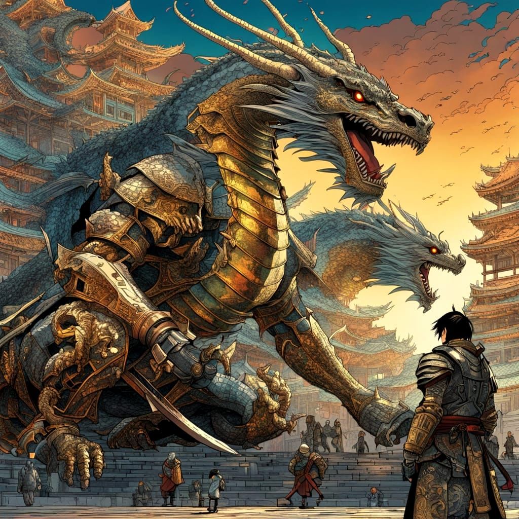 Cyberpunk Samurai Confronts Biomechanical Dragon