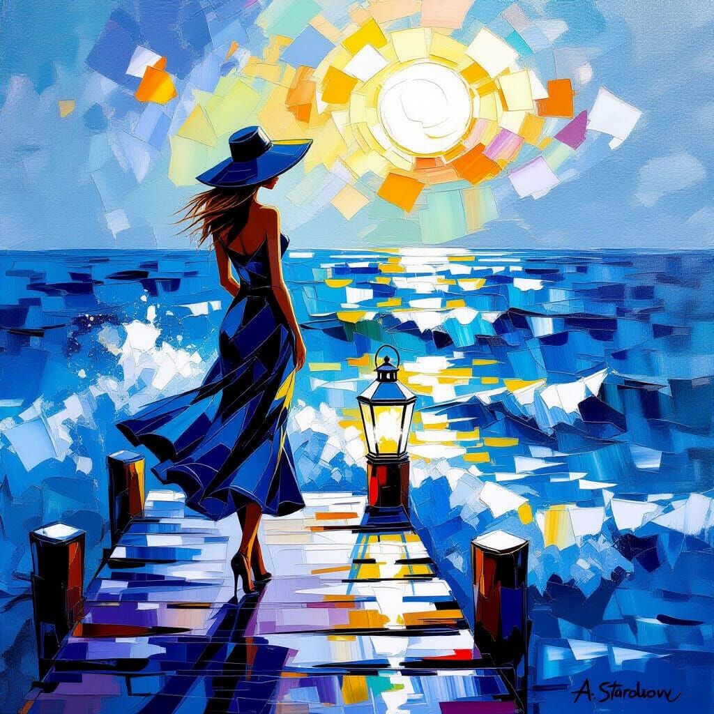 Impressionist Woman on Diamond Pier at Golden Hour