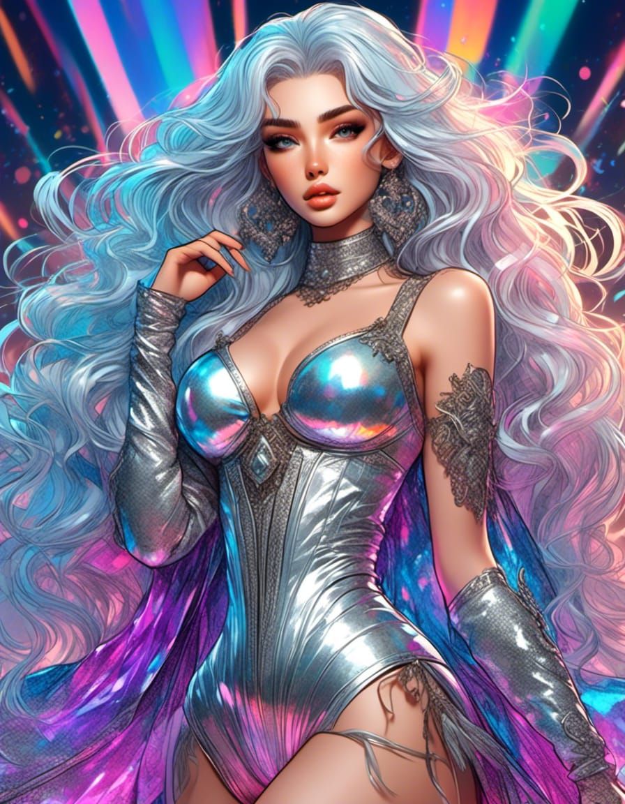 Anime Babe with Holographic Eyes in Color Sketch