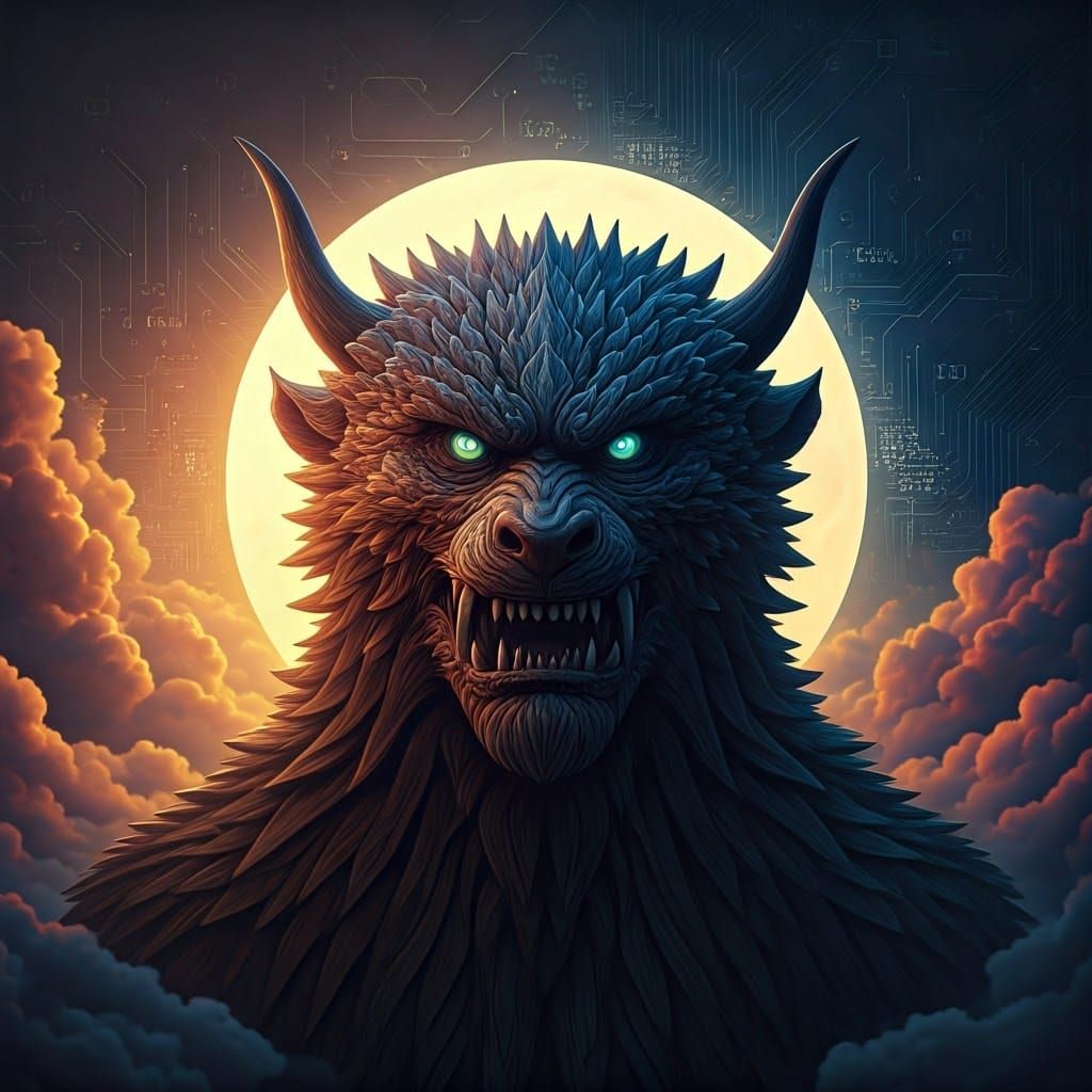 Google Monster in Dreamlike Cyberpunk Landscape