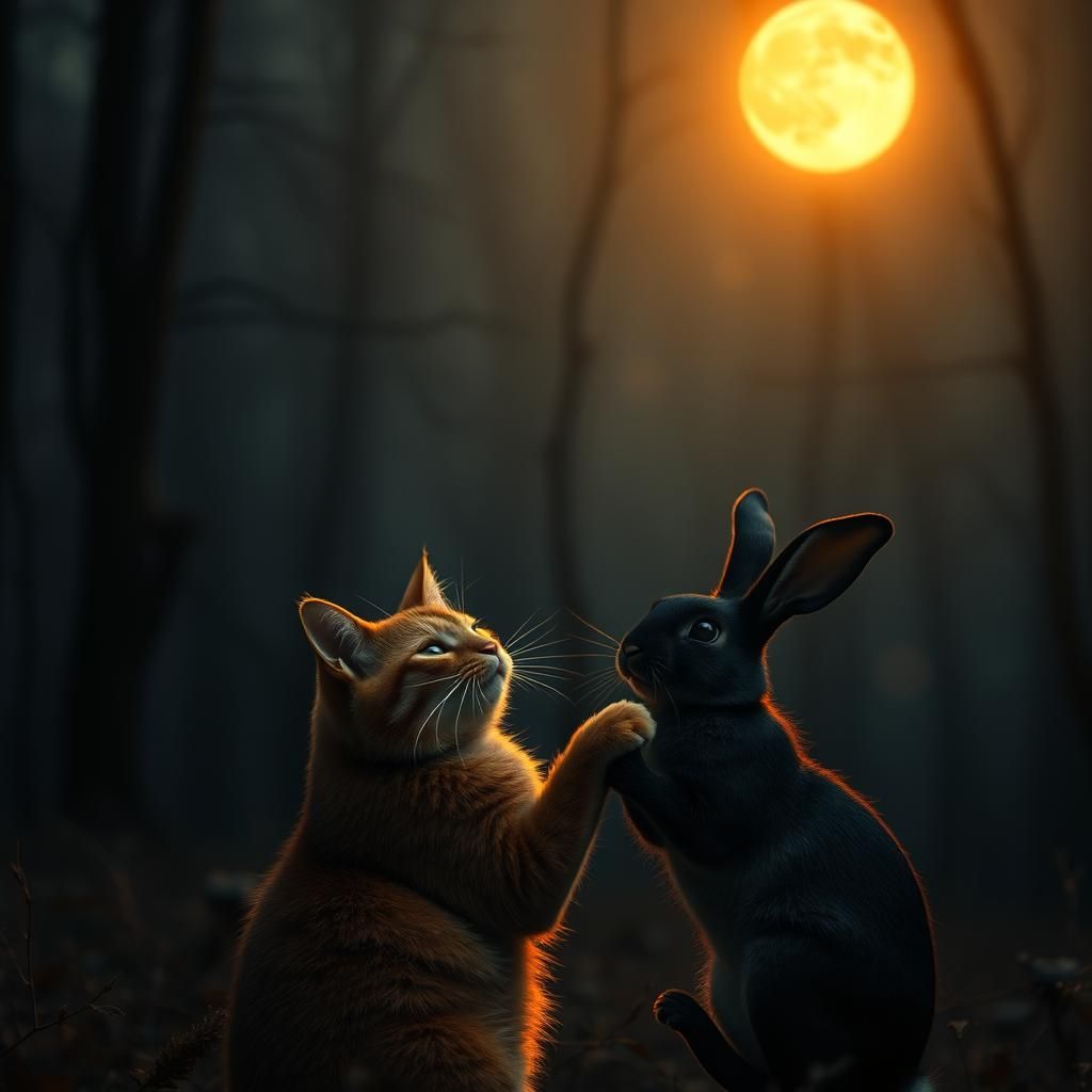 Anthropomorphic Cat and Rabbit Play Under Moonlight