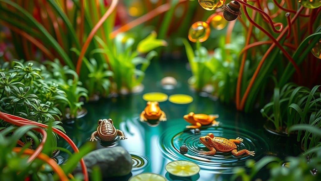 Vibrant Wire Forest Pond with Frogs