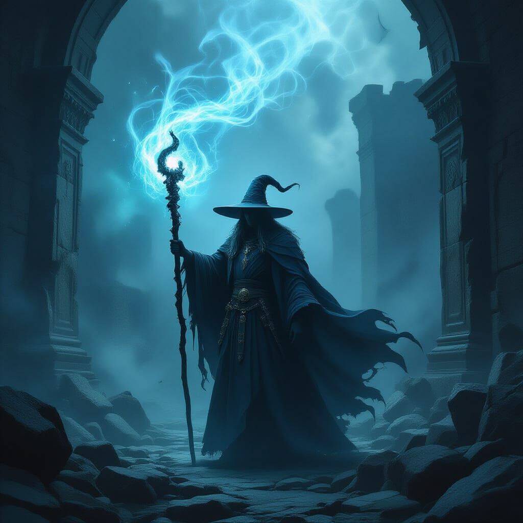 Dark Fantasy Sorcerer in Crumbling Ruins with Spectral Energ...