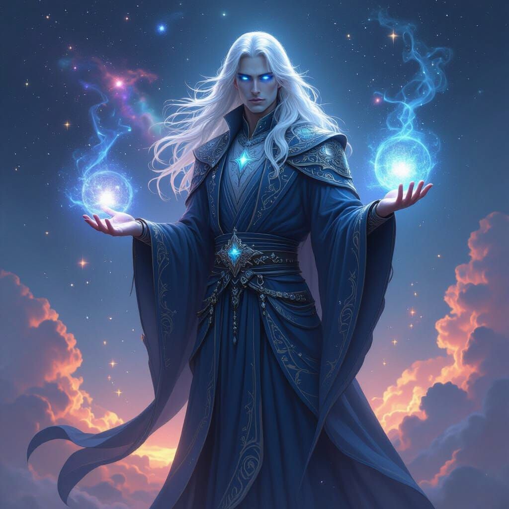 Celestial Sorcerer Casting Cosmic Spells in Digital Painting...