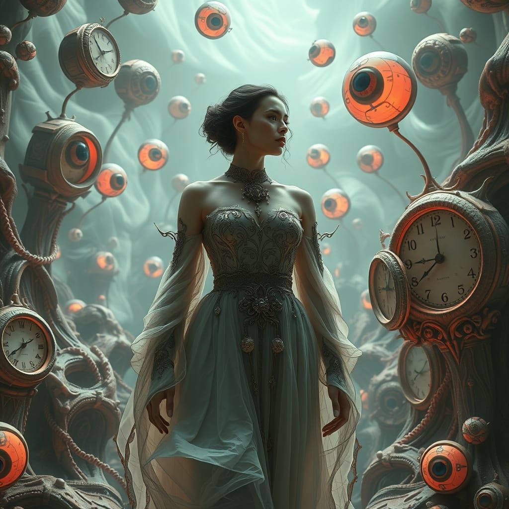 Dreamlike Woman in Surreal Landscape, Hyperrealistic Style