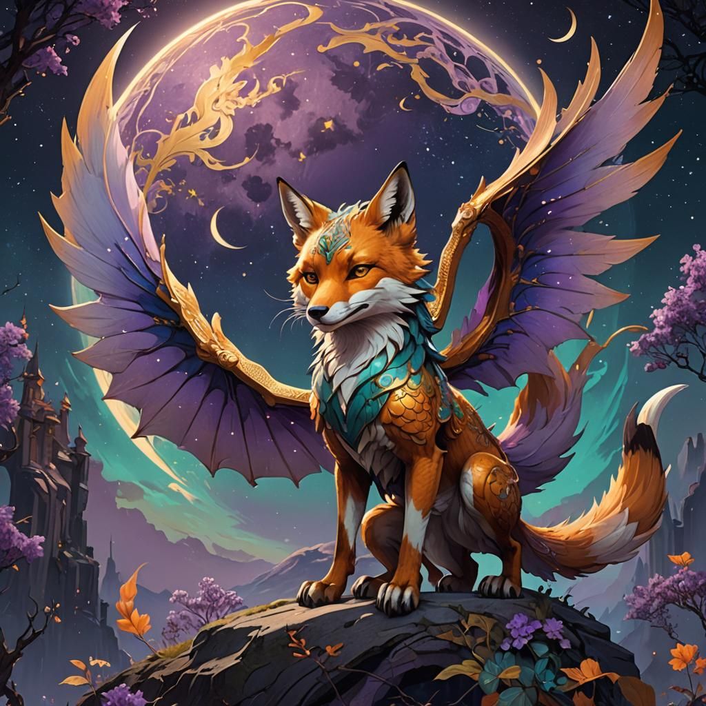 Fox Dragon Gazes at Moon in High Fantasy Art