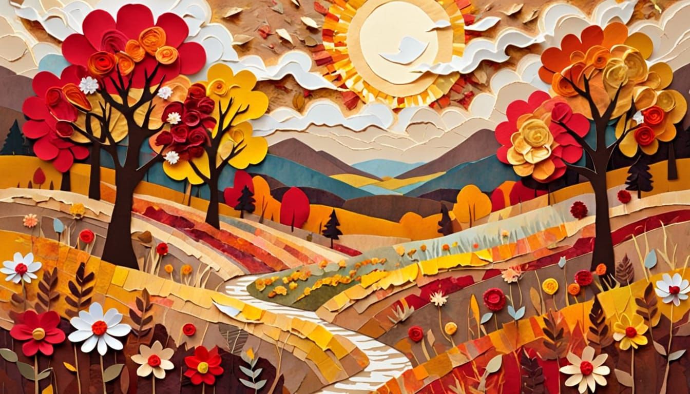 Autumn Meadow in Torn Paper Collage Style