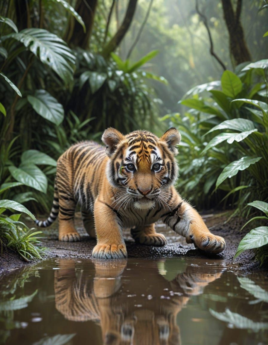 Tiger Cub Playful in Jungle Puddle