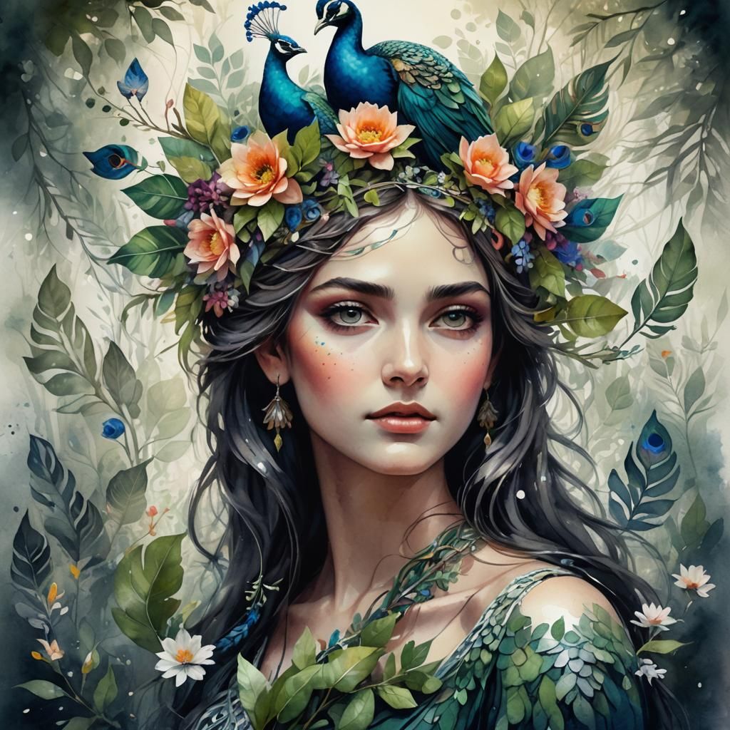 Artemis with Floral Hair, Dry Watercolor Botanical Art