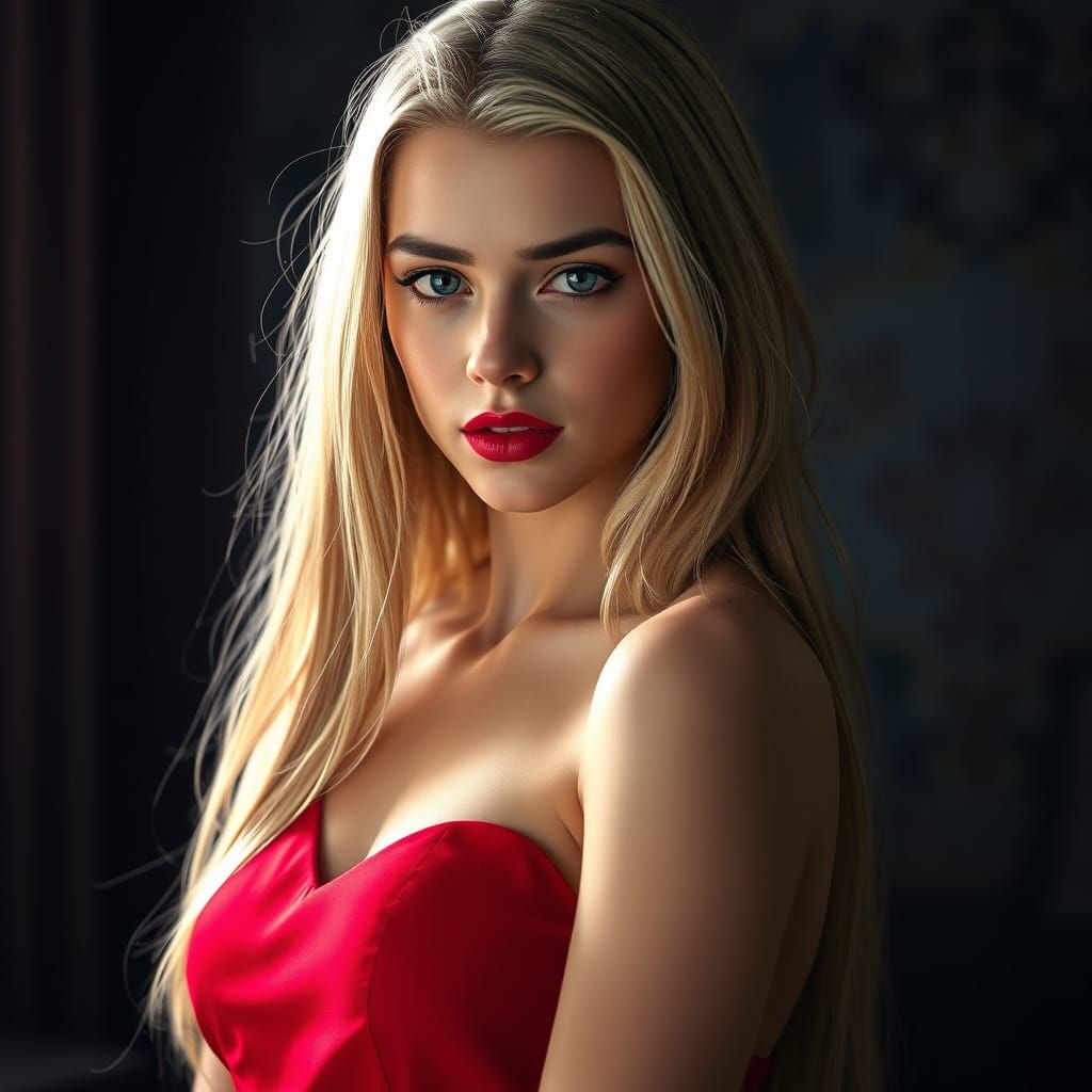 A high-resolution image of a young 18-year-old woman with long, blonde hair wearing a form-fitting, red dress. Her pierc...
