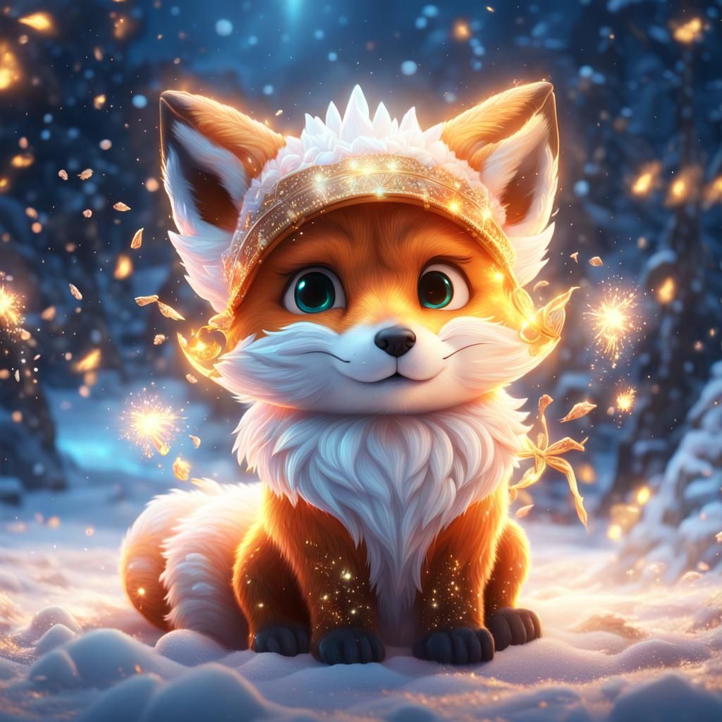 Adorable Snow Fox Breathing Fire in Art Nouveau Style