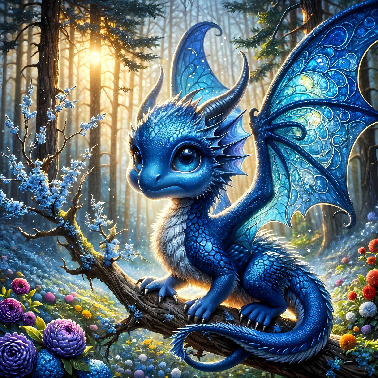 Sapphire Dragon Spreading Wings in Forest, Romantic Style