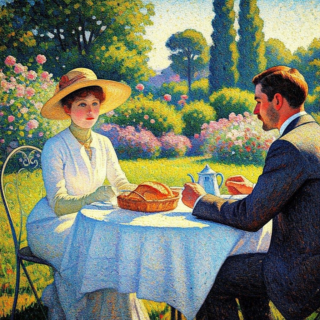 "Breakfast" in pointillism style: The painting depicts a pea...