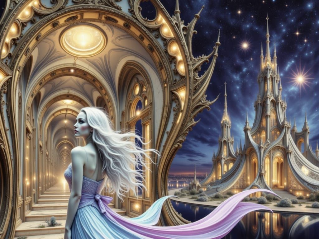 Futuristic Woman in Blue Dress Under Starry Sky