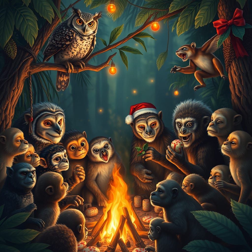 Wild Jungle Christmas Gathering in Vibrant Hyperrealistic De...
