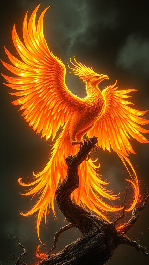 Fiery Phoenix Perched on Burning Branch, Digital Art