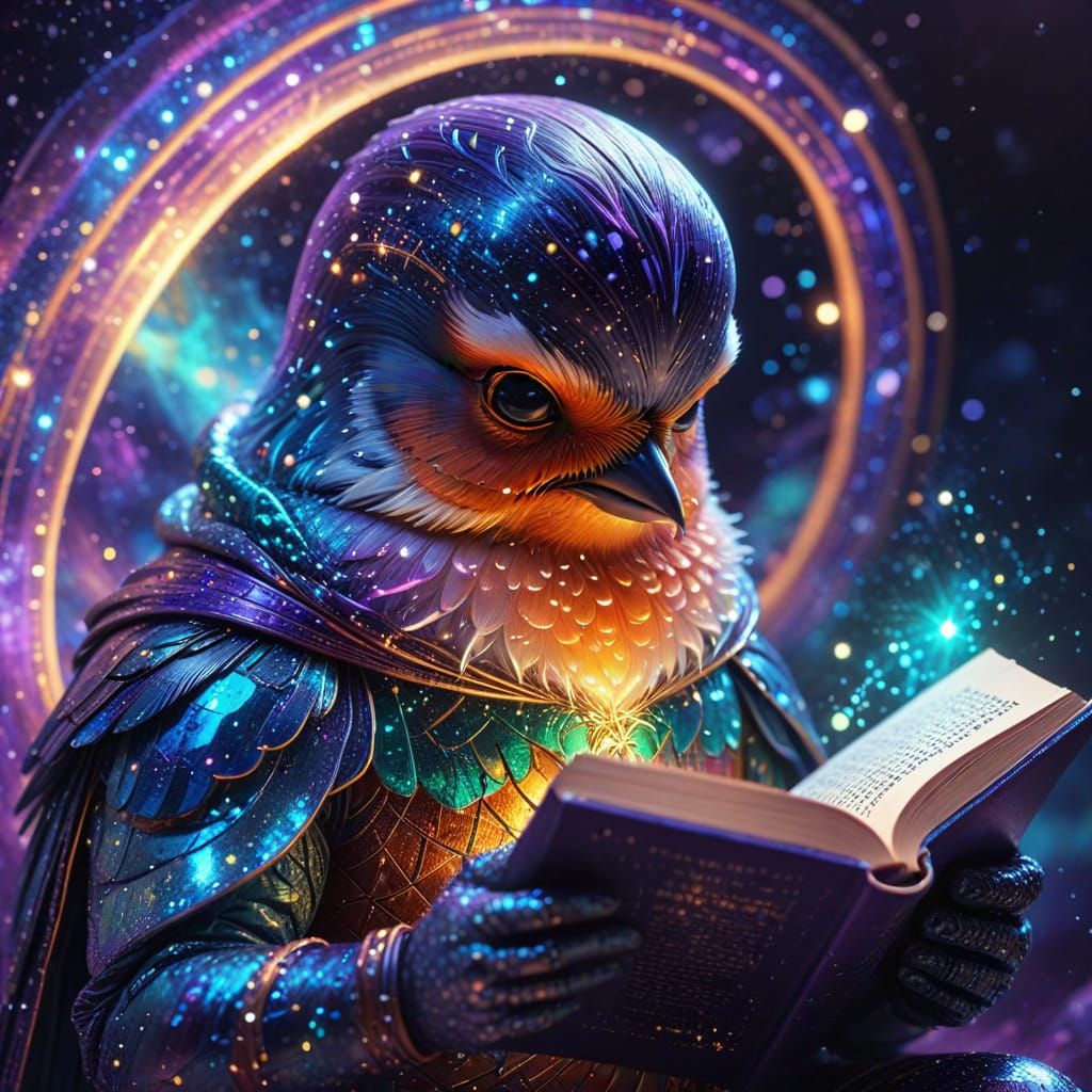 Cosmic Kawaii Robin Reading Book: Astral Illustration
