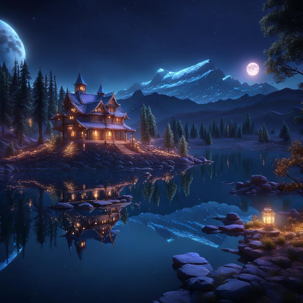Sparkling Lake at Night: Detailed Matte Painting