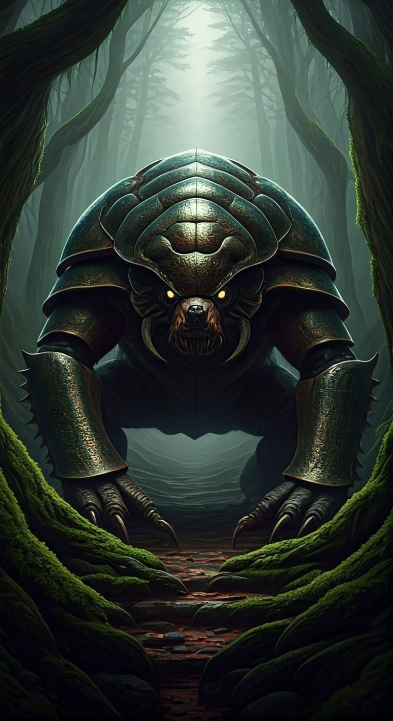 Grizzly Bear Beetle Hybrid in Dark Forest