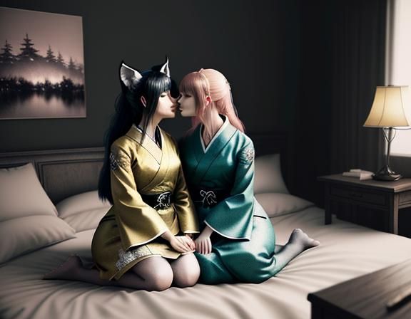 Two Female Kitsune Kissing in Manga Style