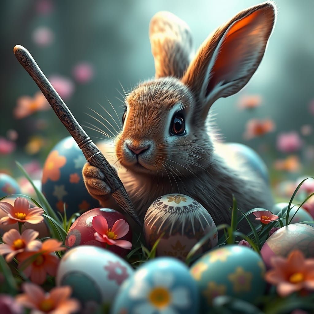 Surreal Easter Egg Artist at Work in Fantastical Matte Paint...