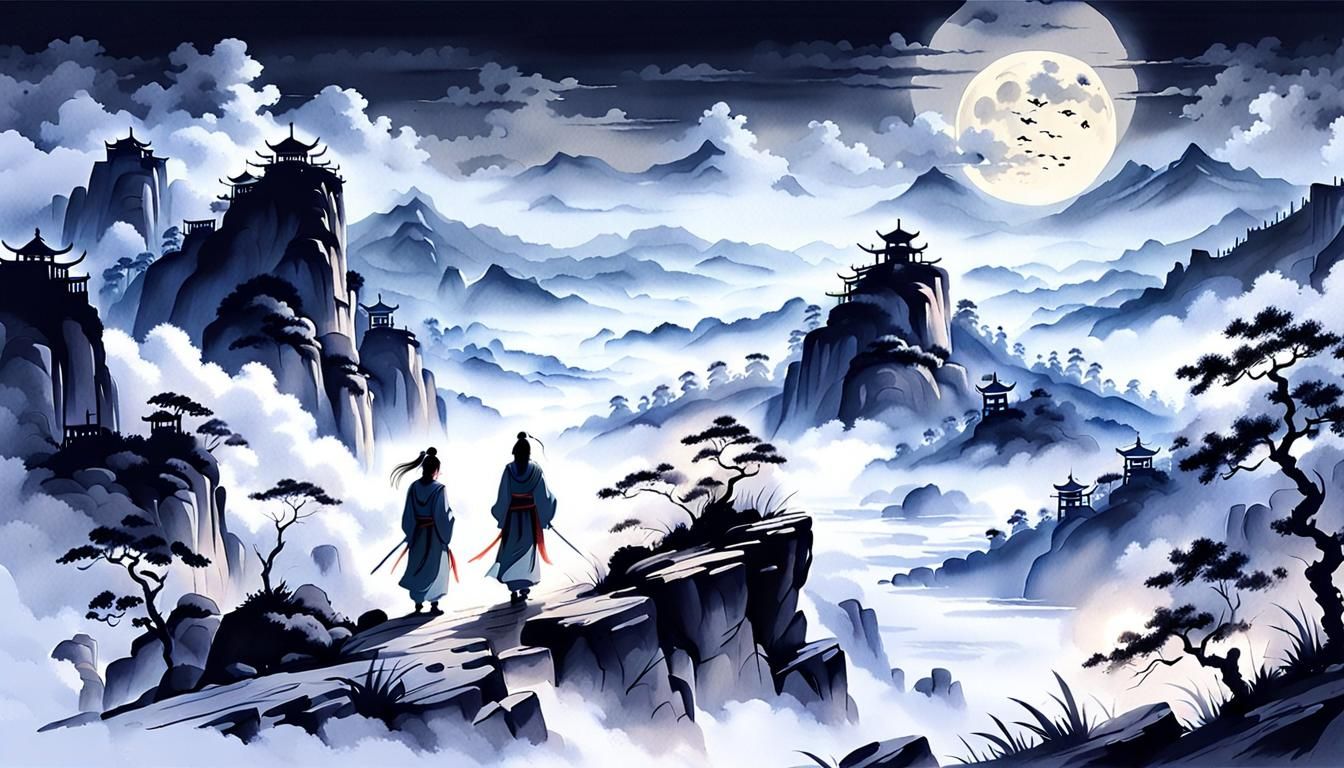 Chinese Ink Painting of Figures Under Moonlight