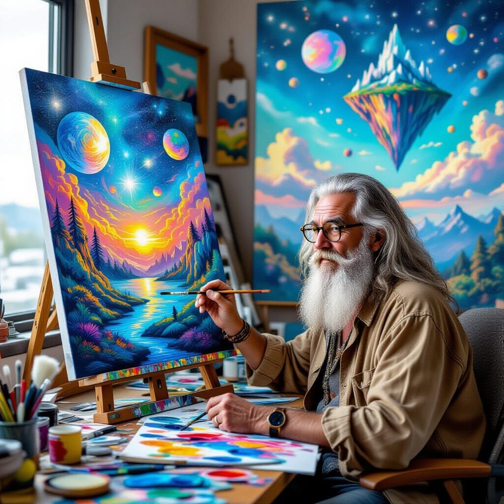 Hippie Artist Painting a Surreal Alien Landscape