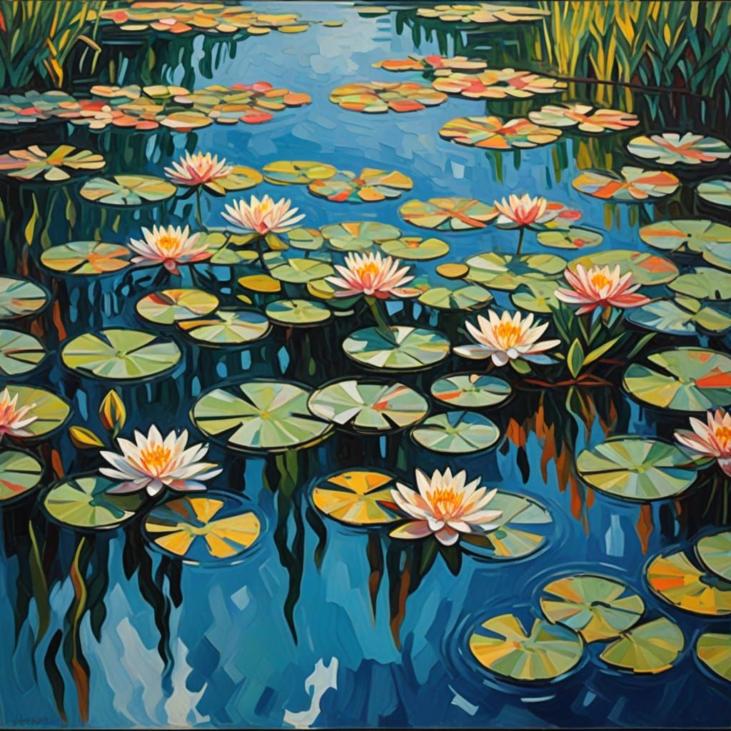 Vibrant Cubist Lilies in Rippling Water