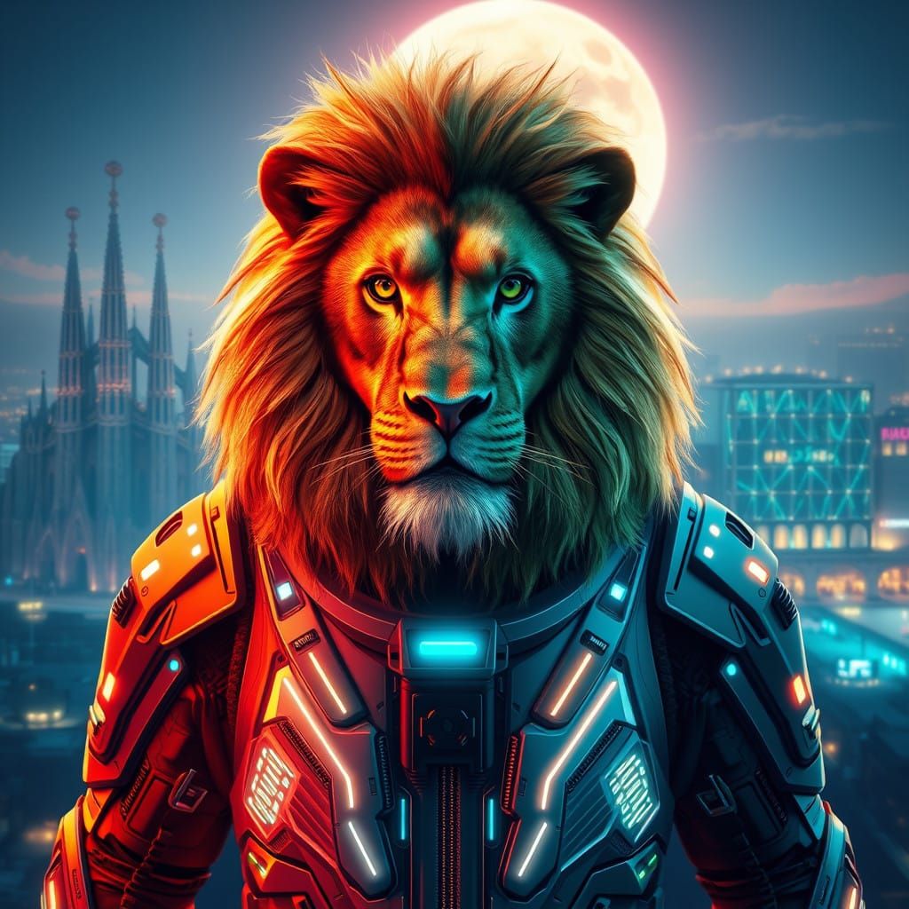 Majestic Lion in Futuristic Space Suit Against Metaverse Cit...