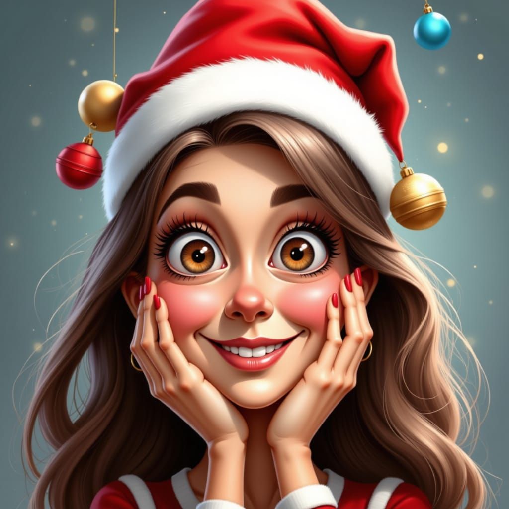 Adorable Cartoon Girl in Christmas Hat, Whimsical Watercolor...