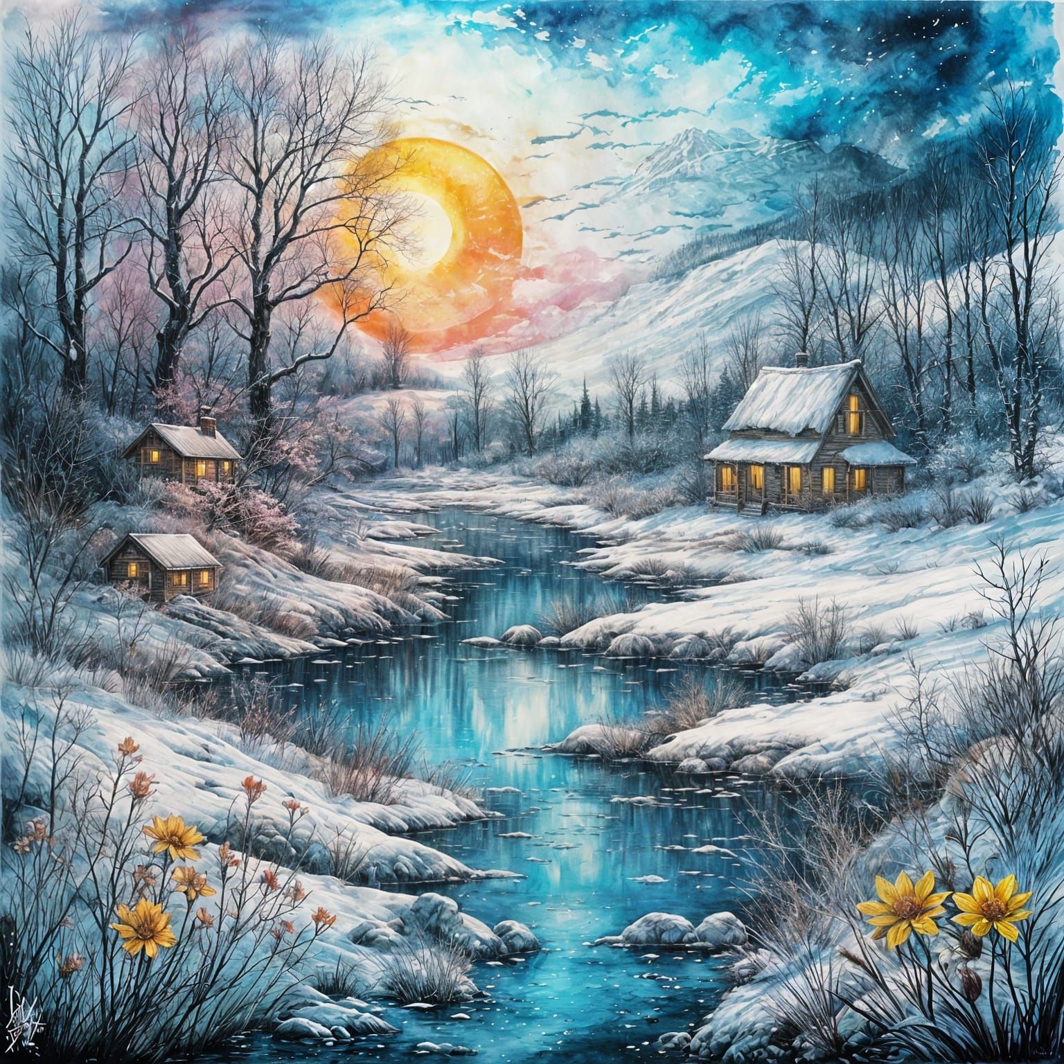 Soothing coloring, ink art, beautiful fantasy landscape; sun...