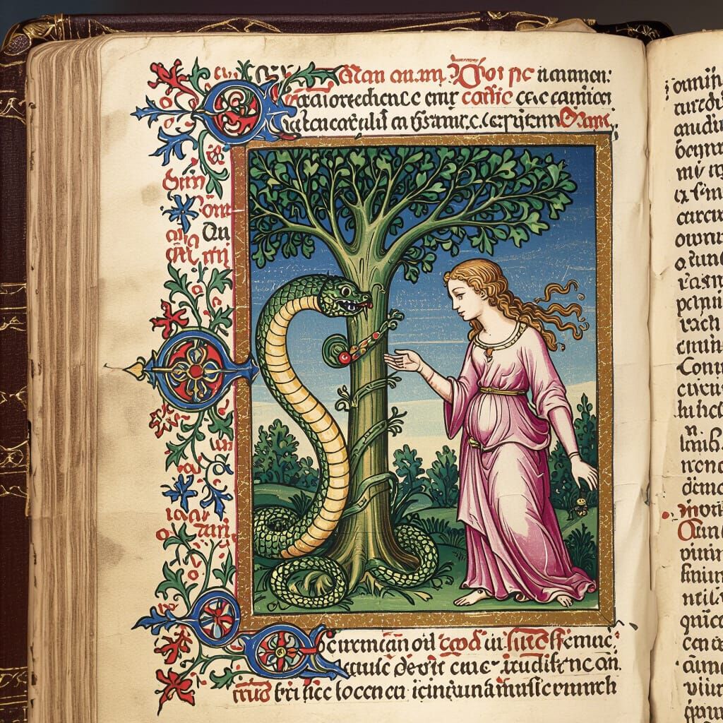 Medieval Serpent Tempting Eve in Ancient Bible Page