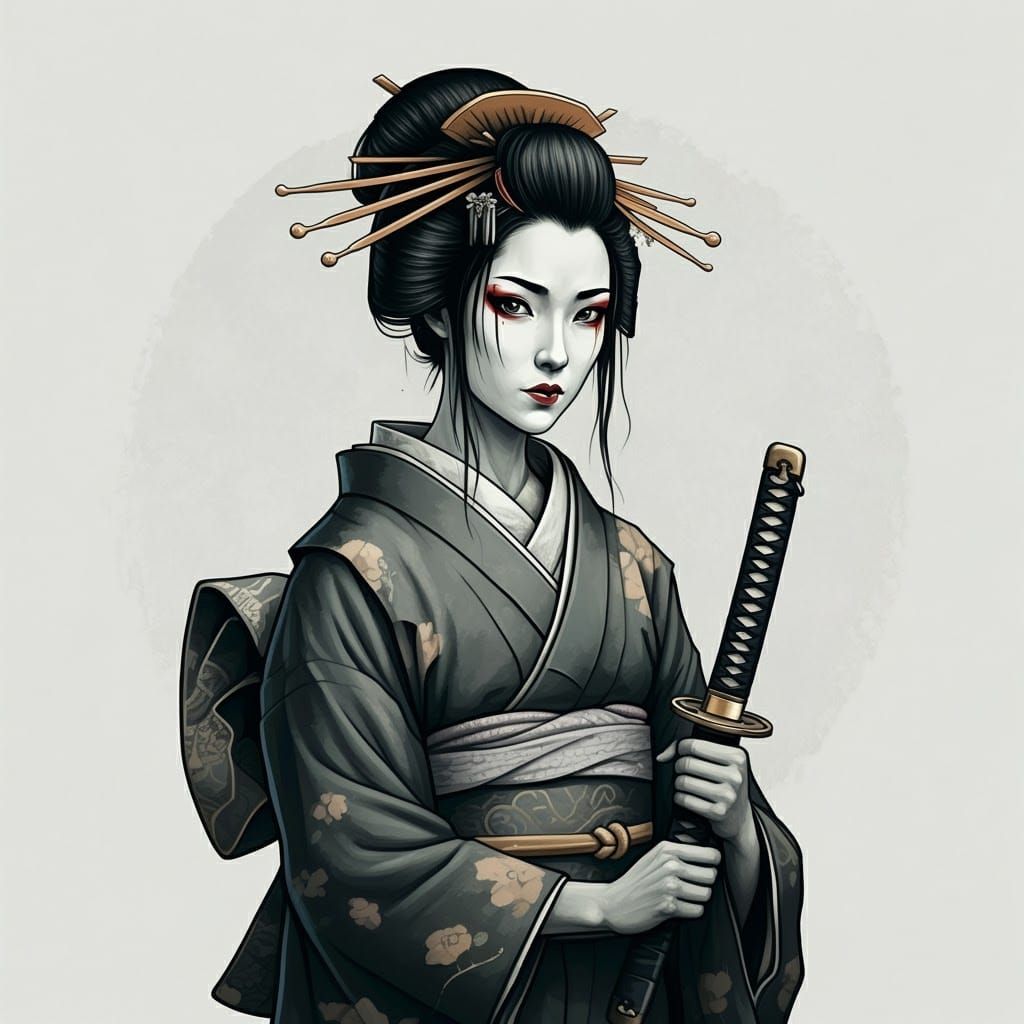 Geisha with Sword in Ukiyo-e Style
