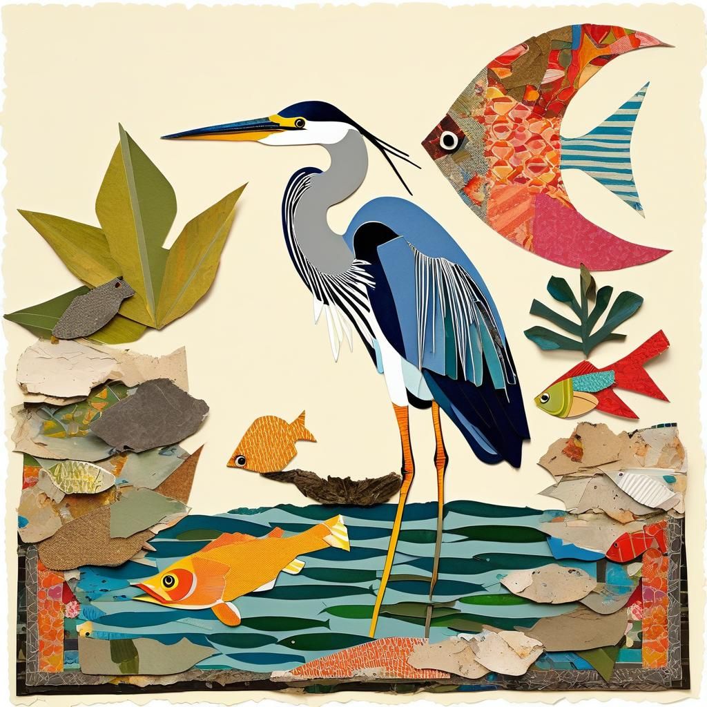 Heron and Fish Pond: Maximalist Collage Art