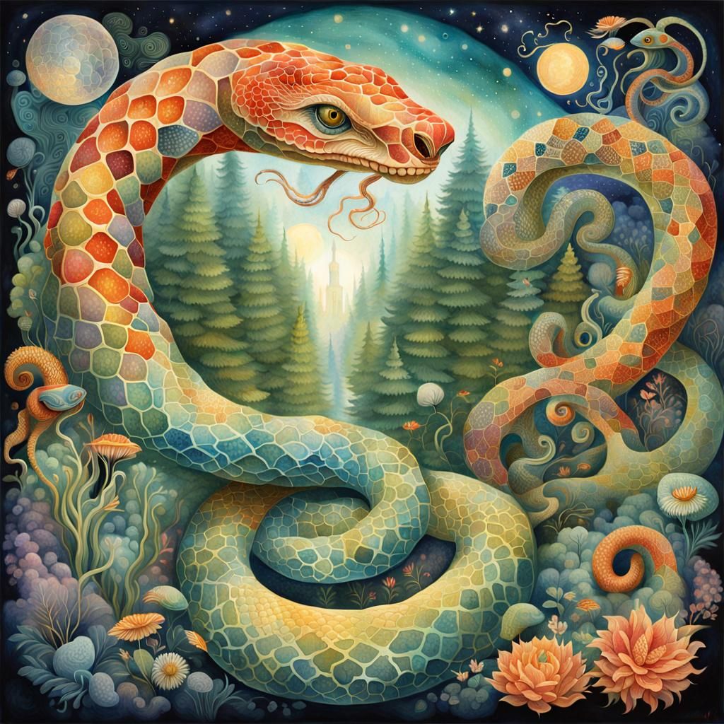 Cosmic Serpent and Knowledge Origin: Detailed Gouache Painti...