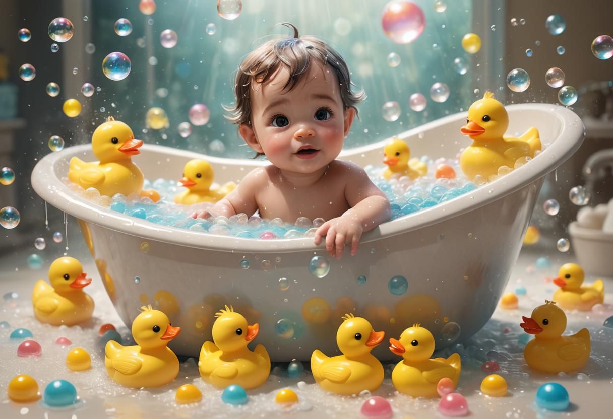 Baby Bathing in Dreamy, Divine Pixar-Style Scene