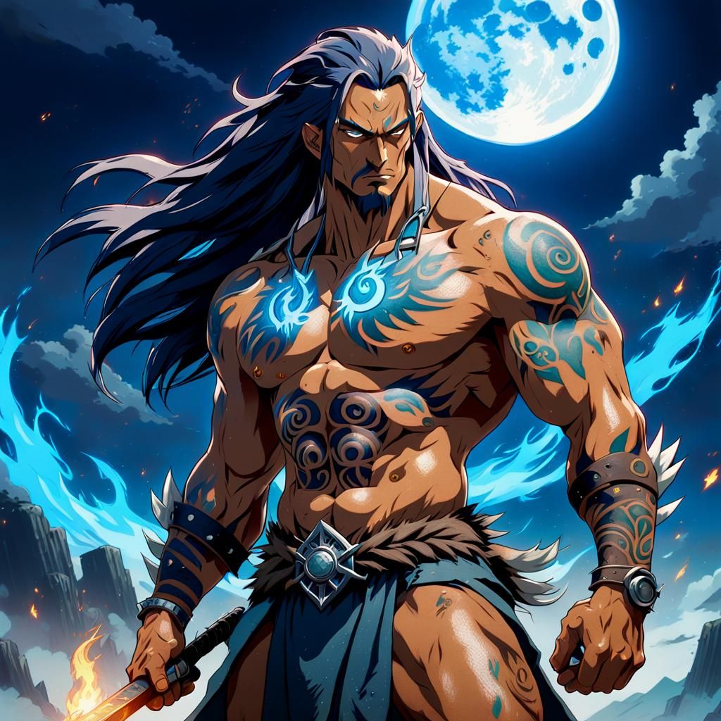 Anime Barbarian Warrior with Blue Flame and Tattoos