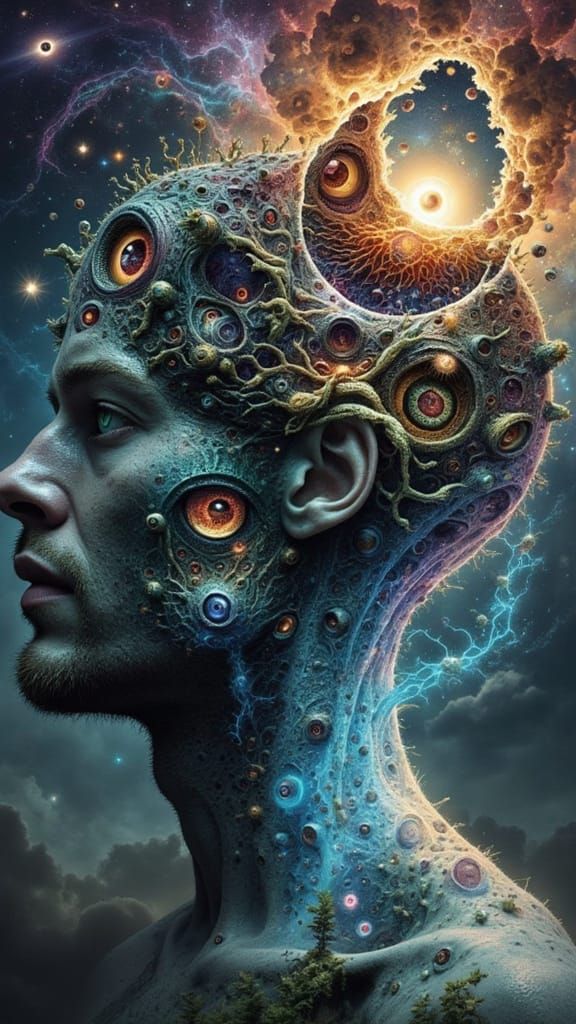 Fractal Faced Man: Surreal Mindscape Illustration