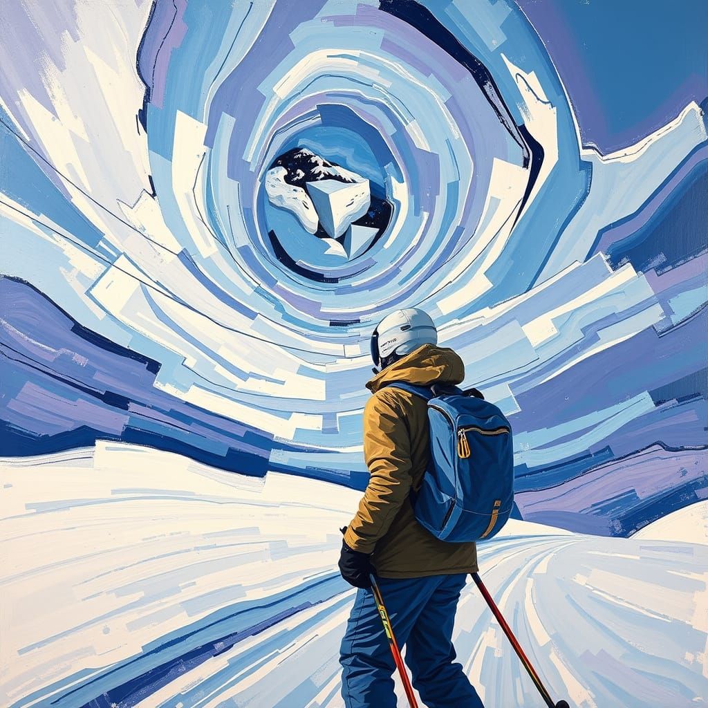 Abstract Expressionist Skier Gazing at Geometric Sky