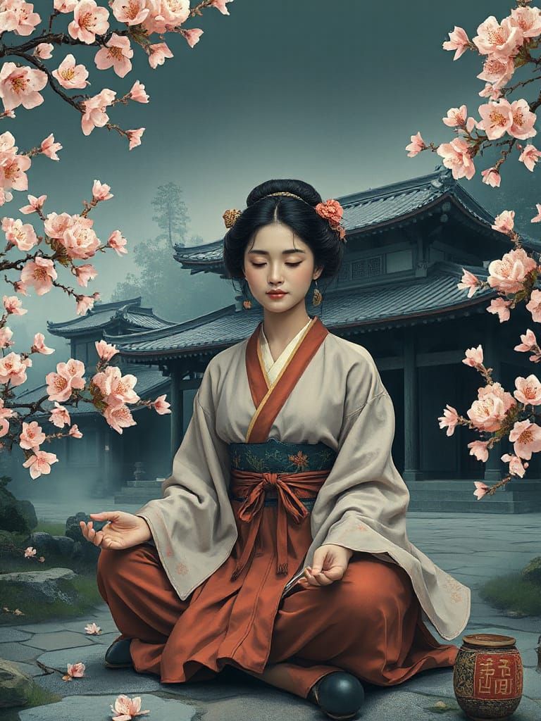 Serene Meditation at Japanese Temple with Cherry Blossoms