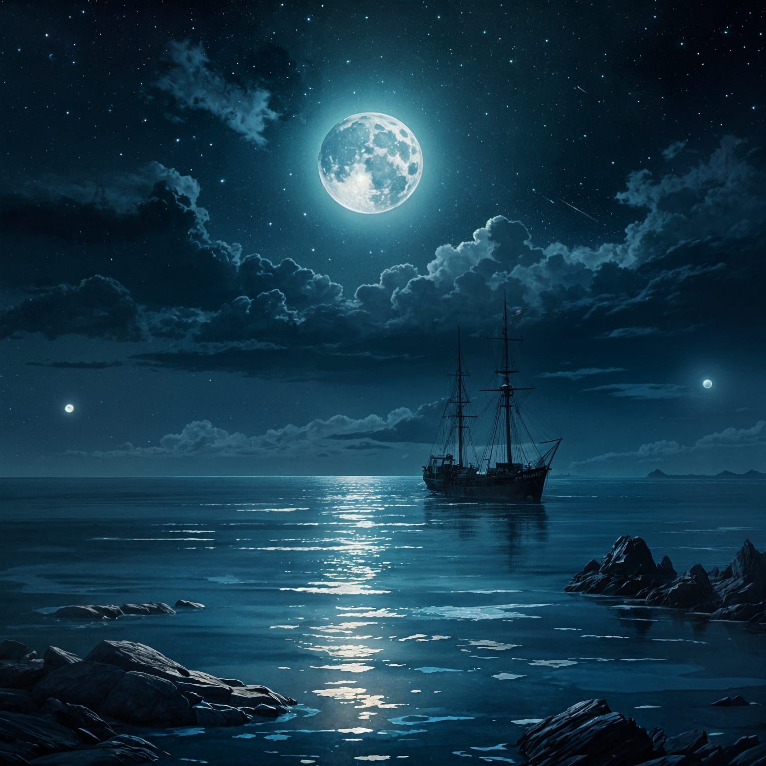 Serene Moonlit Ocean in Watercolor Style
