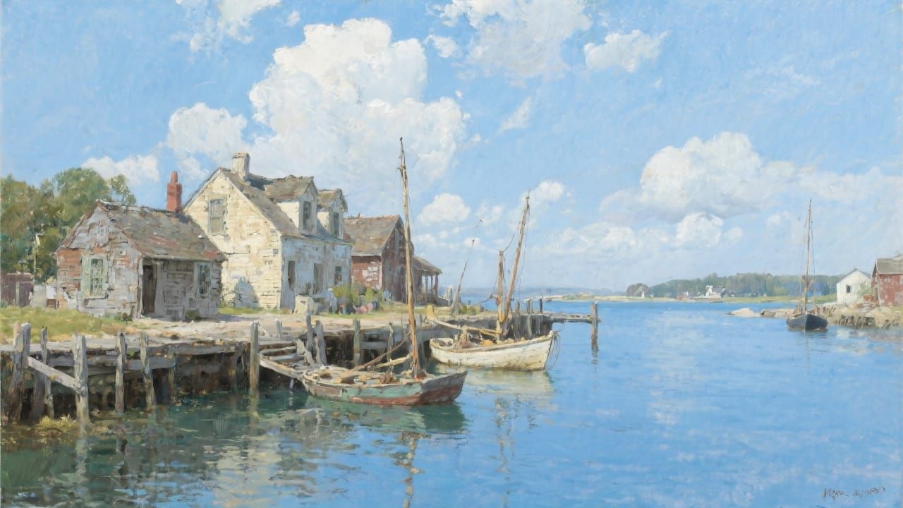 Classical Realism Fishing Village by Calm Waters