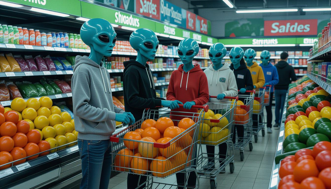 Grey Aliens at Supermarket Checkout, Surreal Art