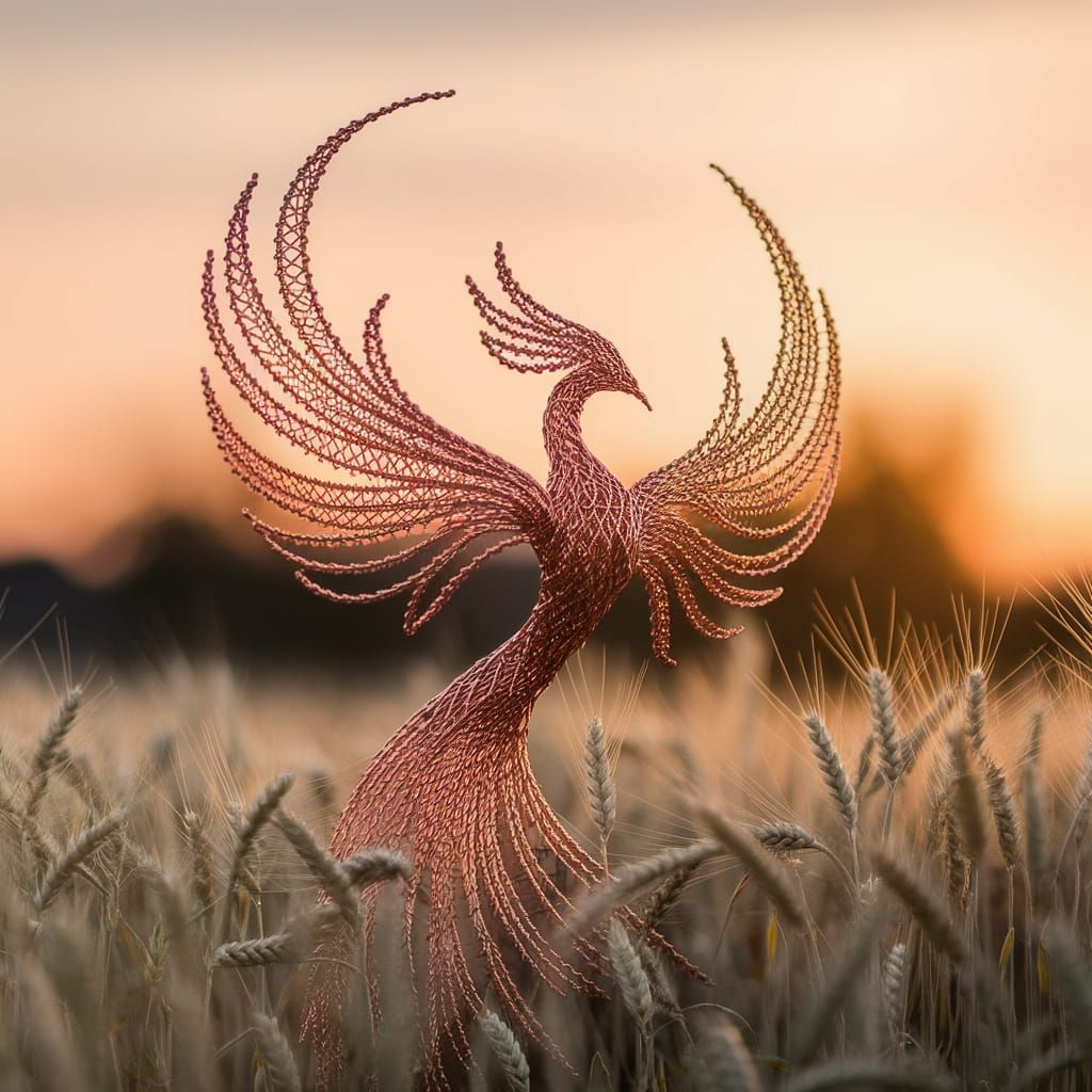 Copper Wire Phoenix Sculpture in Golden Light